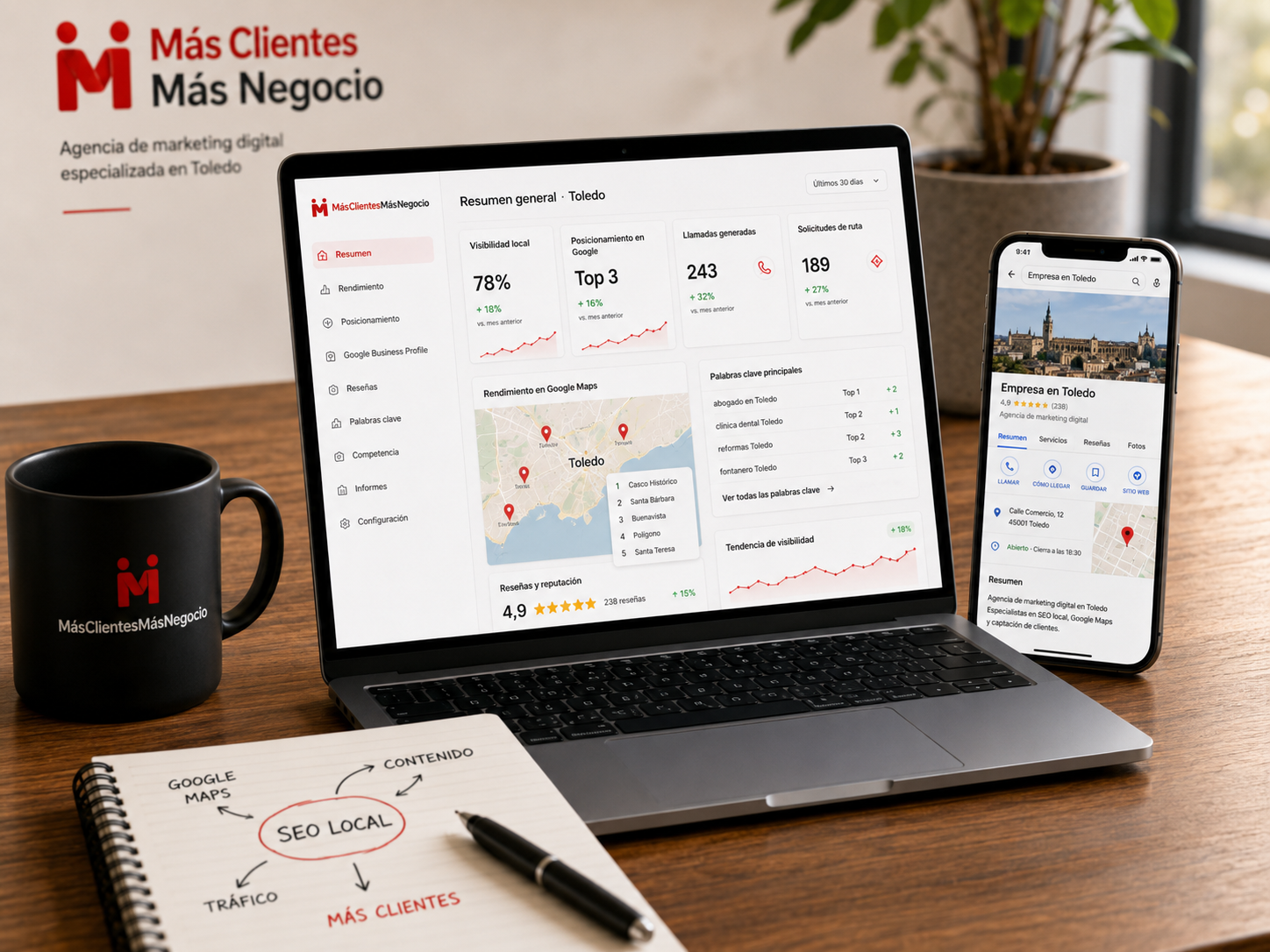 Imagen de estrategia de marketing digital en Toledo con análisis de SEO local, Google Business Profile, Google Maps y métricas para captar más clientes.