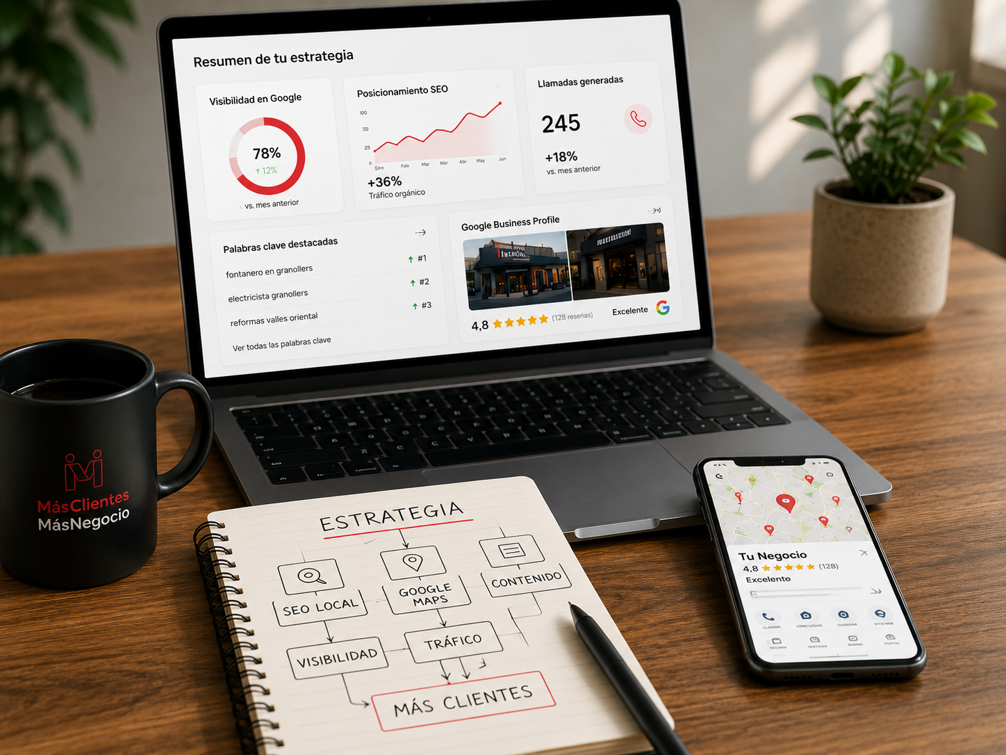 Mockup de estrategia de marketing digital con SEO local, Google Maps, Google Business Profile y métricas para conseguir más clientes