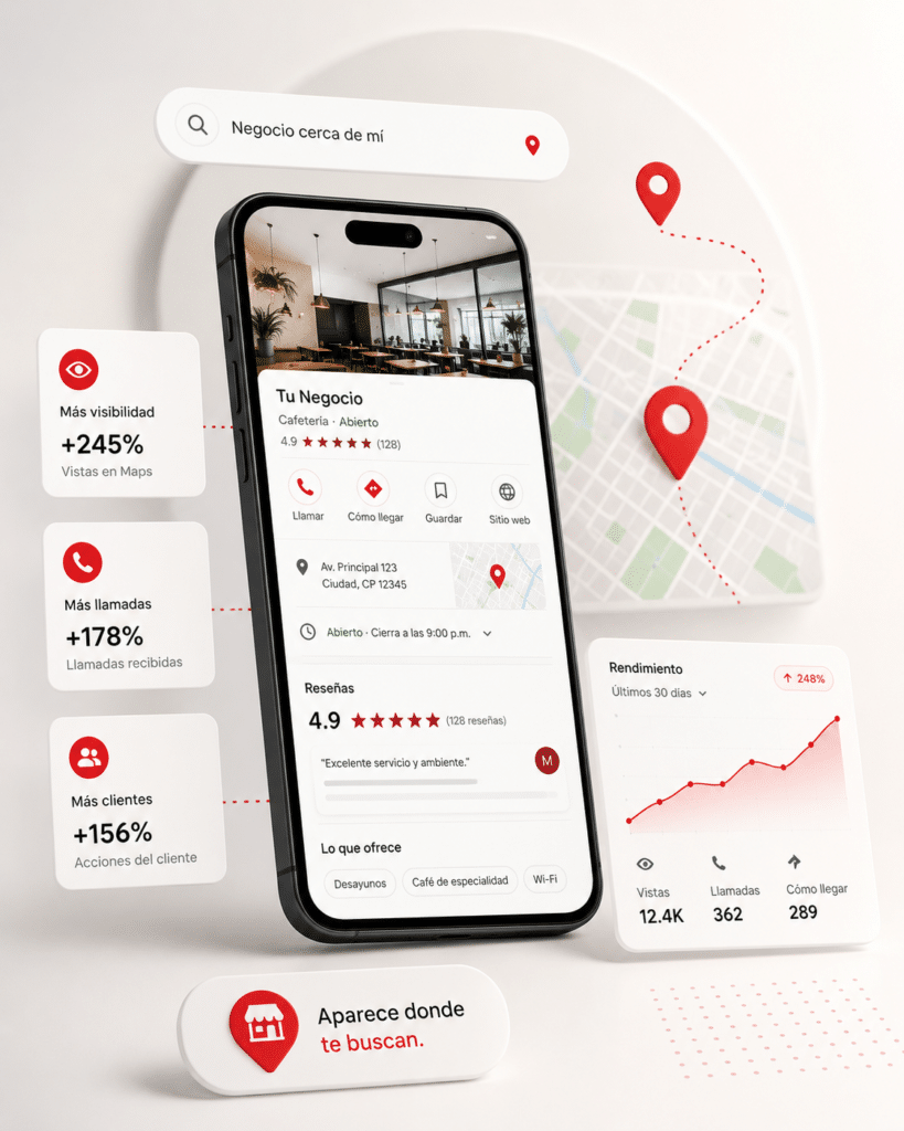 Mockup de Google Business Profile mostrando una ficha de negocio local optimizada para aparecer en Google Maps y generar más llamadas